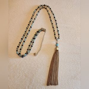 Multifaceted Crystal Tassel Lariat Necklace - Blue & Gold